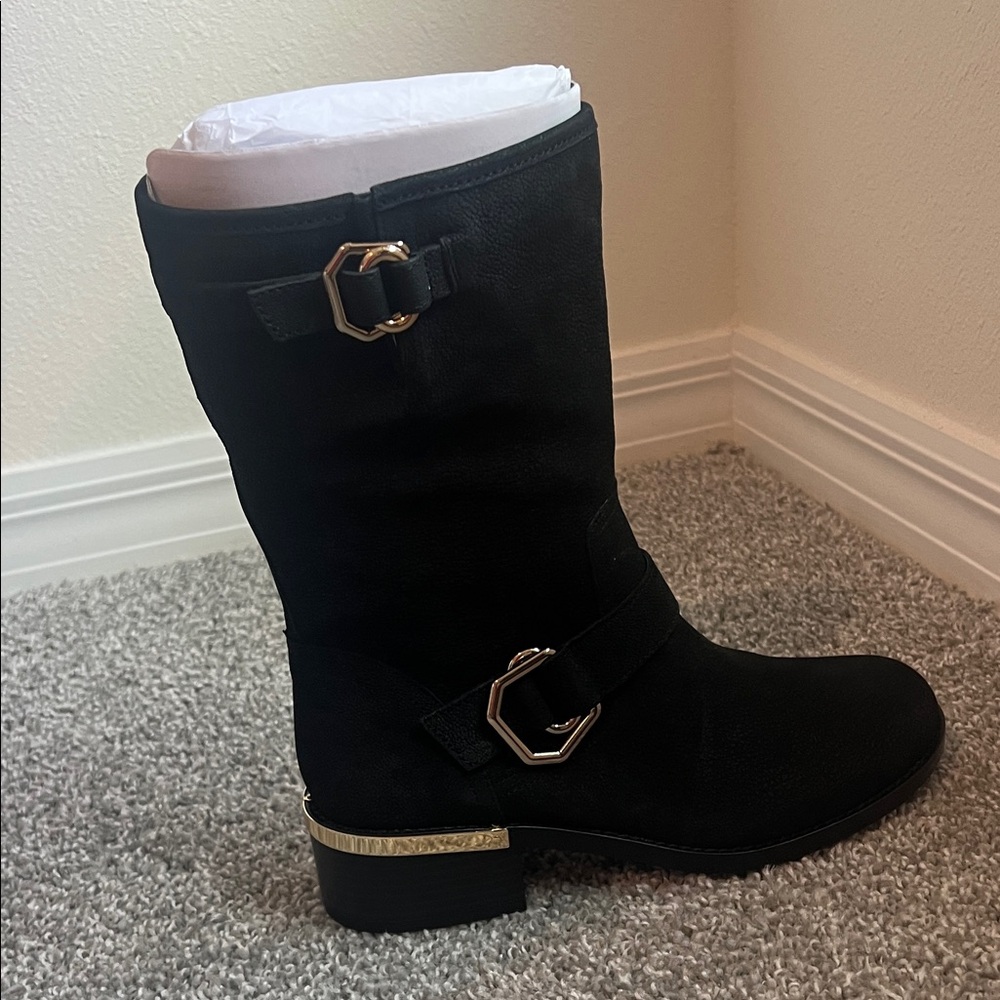 Vince Camuto Black Heeled Boots with Gold Accents